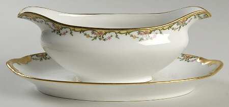 The Meuse (Pink & Yellow Flowers, Green) Gravy Boat with Attached Underplate