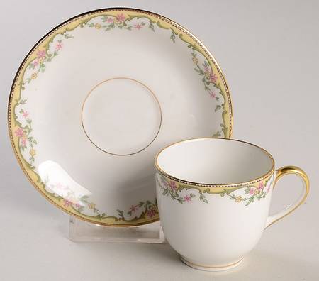 The Meuse (Pink & Yellow Flowers, Green) Flat Demitasse Cup & Saucer Set
