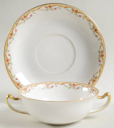 The Meuse (Rust & Yellow Flowers, Tan) Flat Cream Soup Bowl & Saucer Set