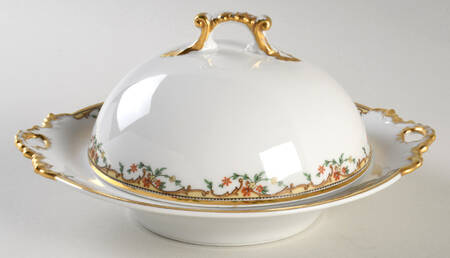 The Meuse (Rust & Yellow Flowers, Tan) Round Covered Butter with Strainer