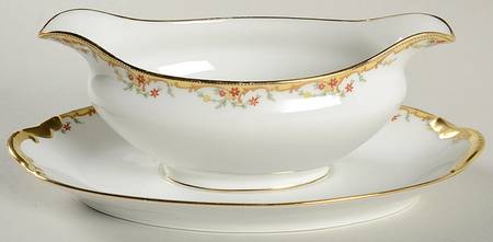 The Meuse (Rust & Yellow Flowers, Tan) Gravy Boat with Attached Underplate