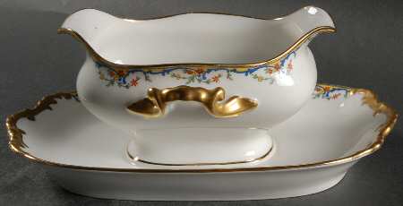The Meuse (Red Flowers, Blue) Gravy Boat with Attached Underplate