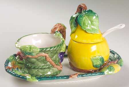 Basket Figural Creamer, Sugar W/Spoon & Tray Set