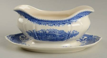Burgenland Blue (Brown Backstamp) Gravy Boat with Attached Underplate