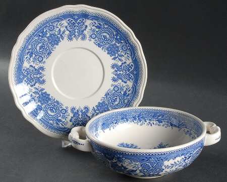 Burgenland Blue (Brown Backstamp) Flat Cream Soup Bowl & Saucer Set