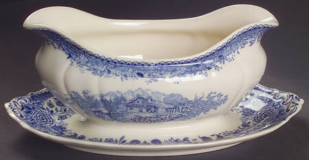 Burgenland Blue (Green Blue, Black Backstamp) Gravy Boat with Attached Underplate