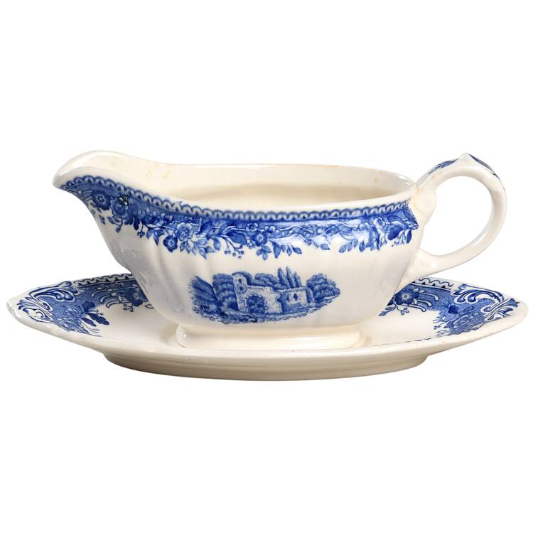Burgenland Blue (Green Blue, Black Backstamp) Individual Gravy Boat & Plate