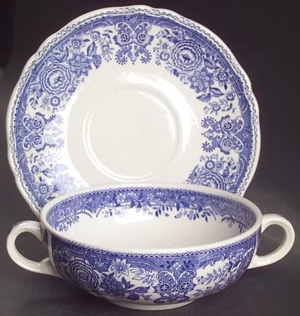 Burgenland Blue (Green Blue, Black Backstamp) Flat Cream Soup Bowl & Saucer Set