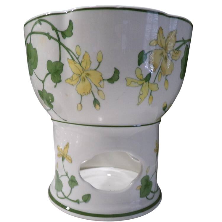 Geranium (Non Ribbed Rim) Open Fondue Pot with Warmer Stand and Burner