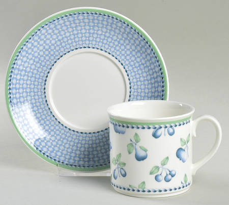 Provence (Blue Weave, Green Trim) Flat Cup & Saucer Set by Villeroy & Boch