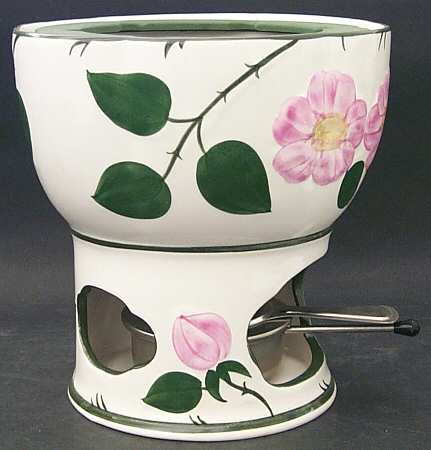 Wild Rose (Pink Flowers) Open Fondue Pot with Warmer Stand and Burner