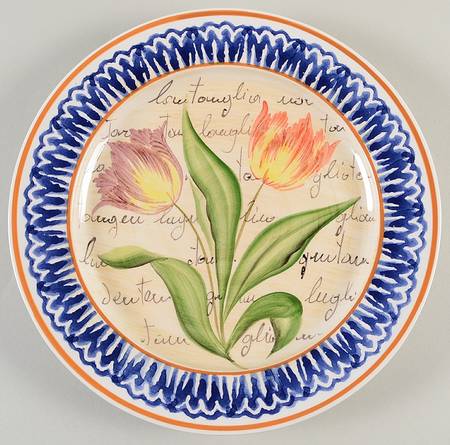 Flowers and Script Blue Luncheon Plate