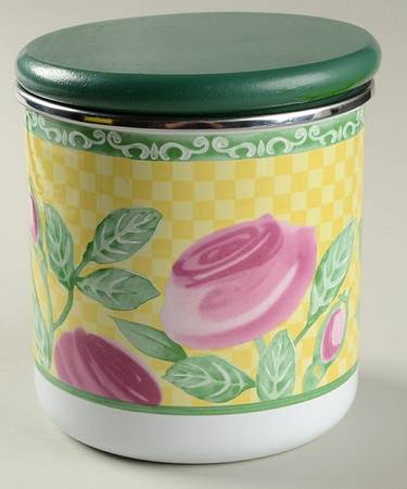 A Rose Small Metal Canister & Wood Lid