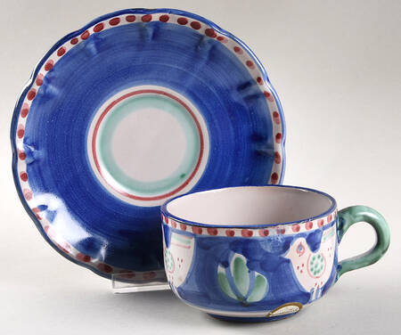 Campagna Chicken (Blue Border, Red Dots) Flat Cup & Saucer Set by Vietri (Italy)