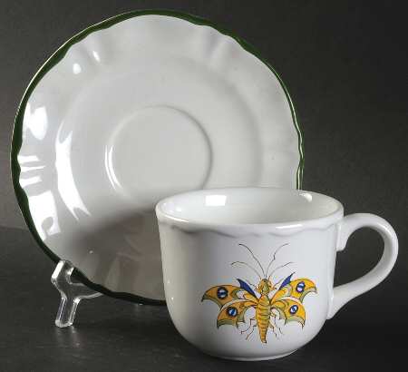Vieux Provence Green Trim Flat Cup & Saucer Set