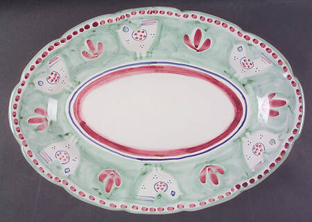 Campagna Chicken (Green Border, Pink Dots) 16" Oval Serving Platter