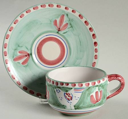 Campagna Chicken (Green Border, Pink Dots) Flat Cup & Saucer Set