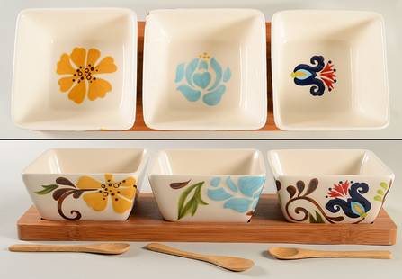 Jardine 7 Piece Dip Set (3 Motif Bowls,3 Wood Spoons & Wood Tray)
