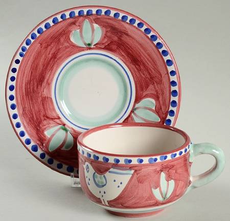 Campagna Chicken (Burgundy Border, Black Dots) Flat Cup & Saucer Set