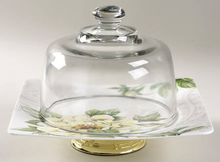 Quinsai Garden 6 1/2"-7 1/2" Footed Cheese Plate w/ Glass Dome HC