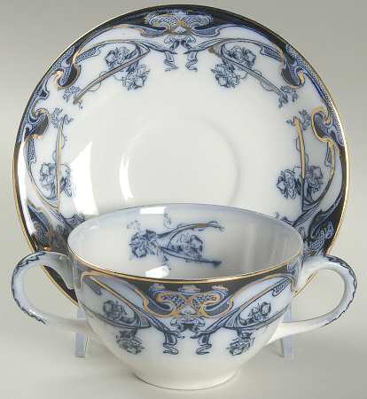 Iris Blue (Flow Blue) Flat Cream Soup Bowl & Saucer Set