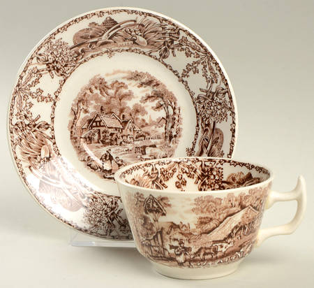 Rural Scenes Brown (Round) Flat Cup & Saucer Set