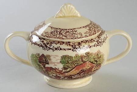 Rural Scenes Brown Multicolor Sugar Bowl & Lid