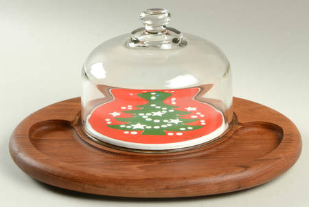 Christmas Tree 9" Round Wood Cheese with Glass Dome & Tile