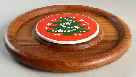 Christmas Tree 12" Round Wood Cheese with Tile