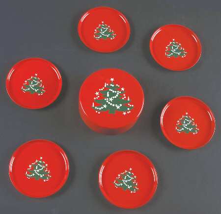 Christmas Tree 8 Pc Plastic Coaster Set (6 Coasters & Round Box)