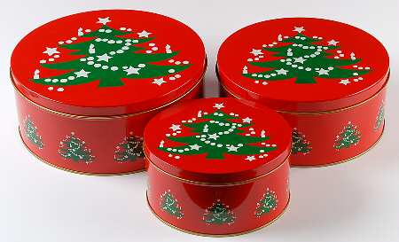 Christmas Tree Tin Cookie Boxes & Lid - Set of 3 (Large, Medium, & Small)