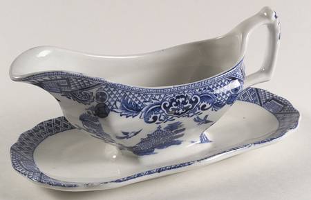 Blue Willow (Older) Gravy Boat with Attached Underplate