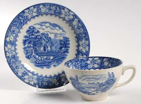 Colonial Blue (No Trim) Flat Cup & Saucer Set
