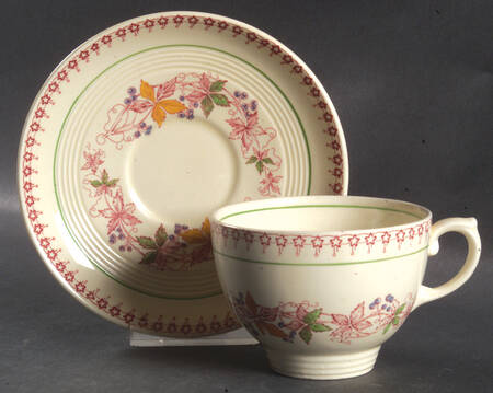 Doris (Red Border, Ridged Rim) Flat Cup & Saucer Set