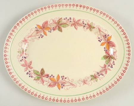 Doris (Red Border, Ridged Rim) 10" Oval Serving Platter