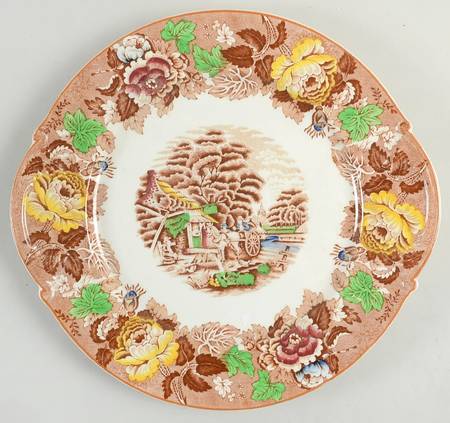 English Scenery Light Brown Multicolor Handled Cake Plate