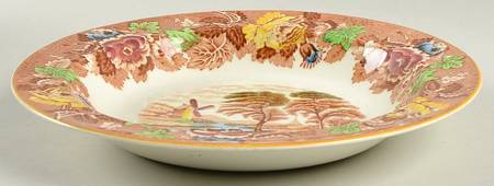 English Scenery Light Brown Multicolor Large Rim Soup Bowl