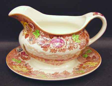 English Scenery Light Brown Multicolor Gravy Boat with Attached Underplate