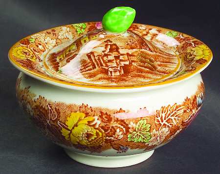 English Scenery Light Brown Multicolor Sugar Bowl & Lid