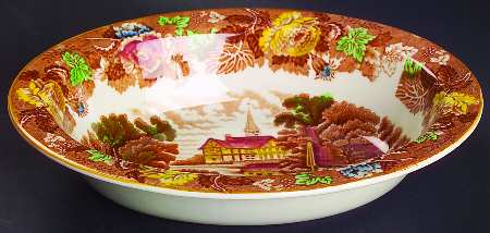 English Scenery Light Brown Multicolor 8" Oval Vegetable Bowl