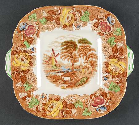 English Scenery Light Brown Multicolor Square Handled Cake Plate