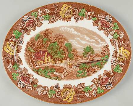 English Scenery Light Brown Multicolor 16" Oval Serving Platter