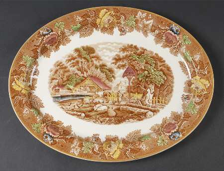 English Scenery Light Brown Multicolor 14" Oval Serving Platter