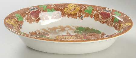 English Scenery Light Brown Multicolor 9" Oval Vegetable Bowl
