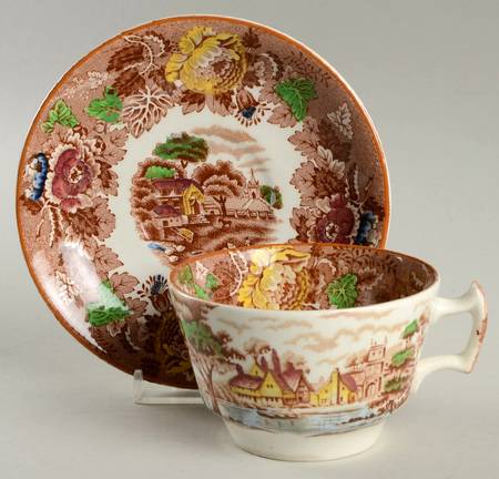 English Scenery Light Brown Multicolor Flat Cup & Saucer Set