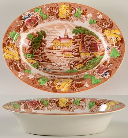 English Scenery Dark Brown Multicolor 8" Oval Vegetable Bowl