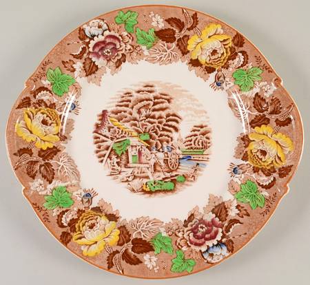 English Scenery Dark Brown Multicolor Handled Cake Plate
