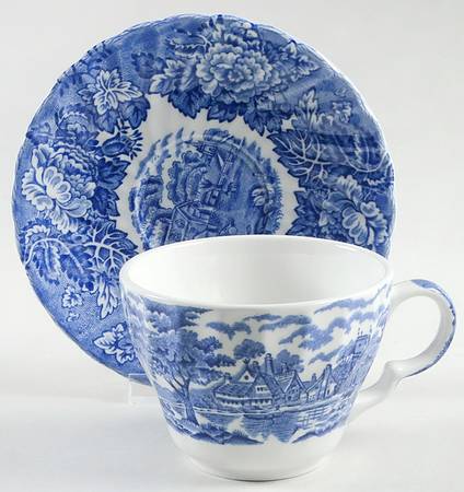 English Scenery Blue (Urn Backstamp, Swirl) Flat Cup & Saucer Set