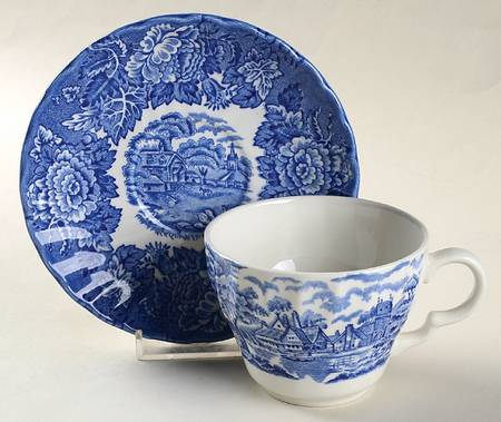 English Scenery Blue (Urn Backstamp, Swirl) Flat Cup & Saucer Set