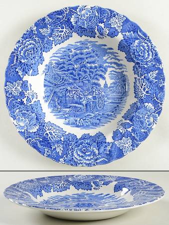 English Scenery Blue (Urn Backstamp, Swirl) Large Rim Soup Bowl